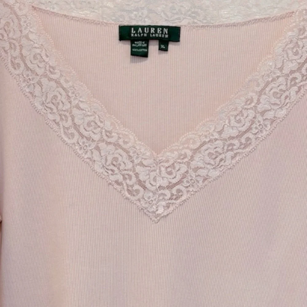 Lauren Ralph Lauren Lace Top Long Sleeve VNeck Ribbed Cottage Rose Pink Women XL